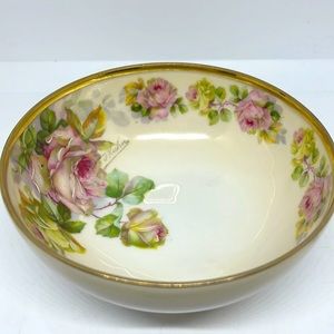 Royal Rudolstadt Prussia Antique Footed Bowl Hand Painted Pink Roses Gold Trim.